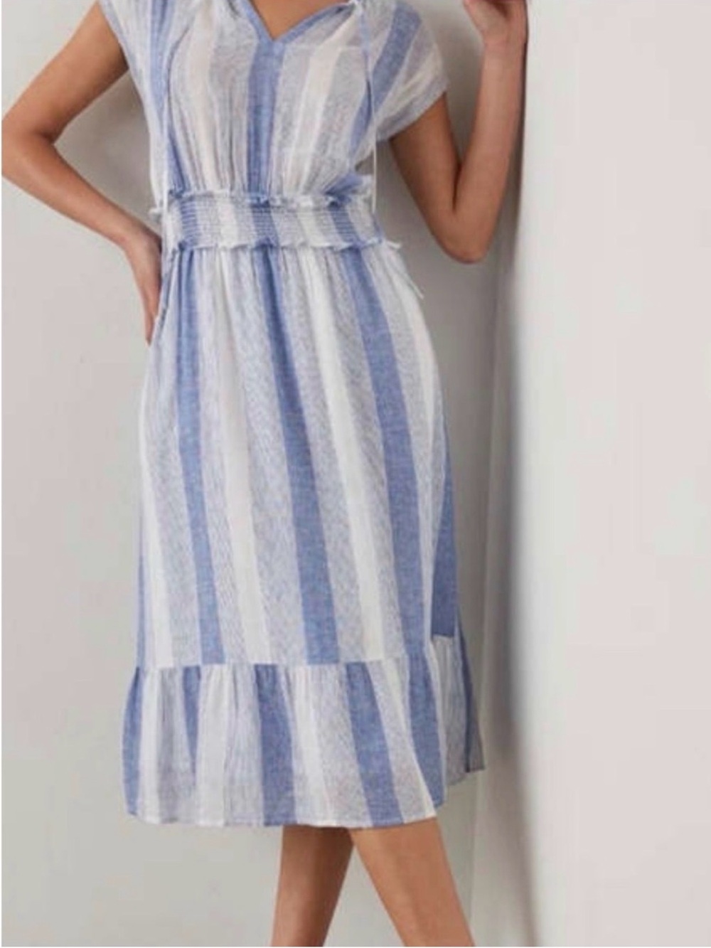 Rails Blue White Striped Smocked Waist Midi Dress Linen Blend boho resortSmall